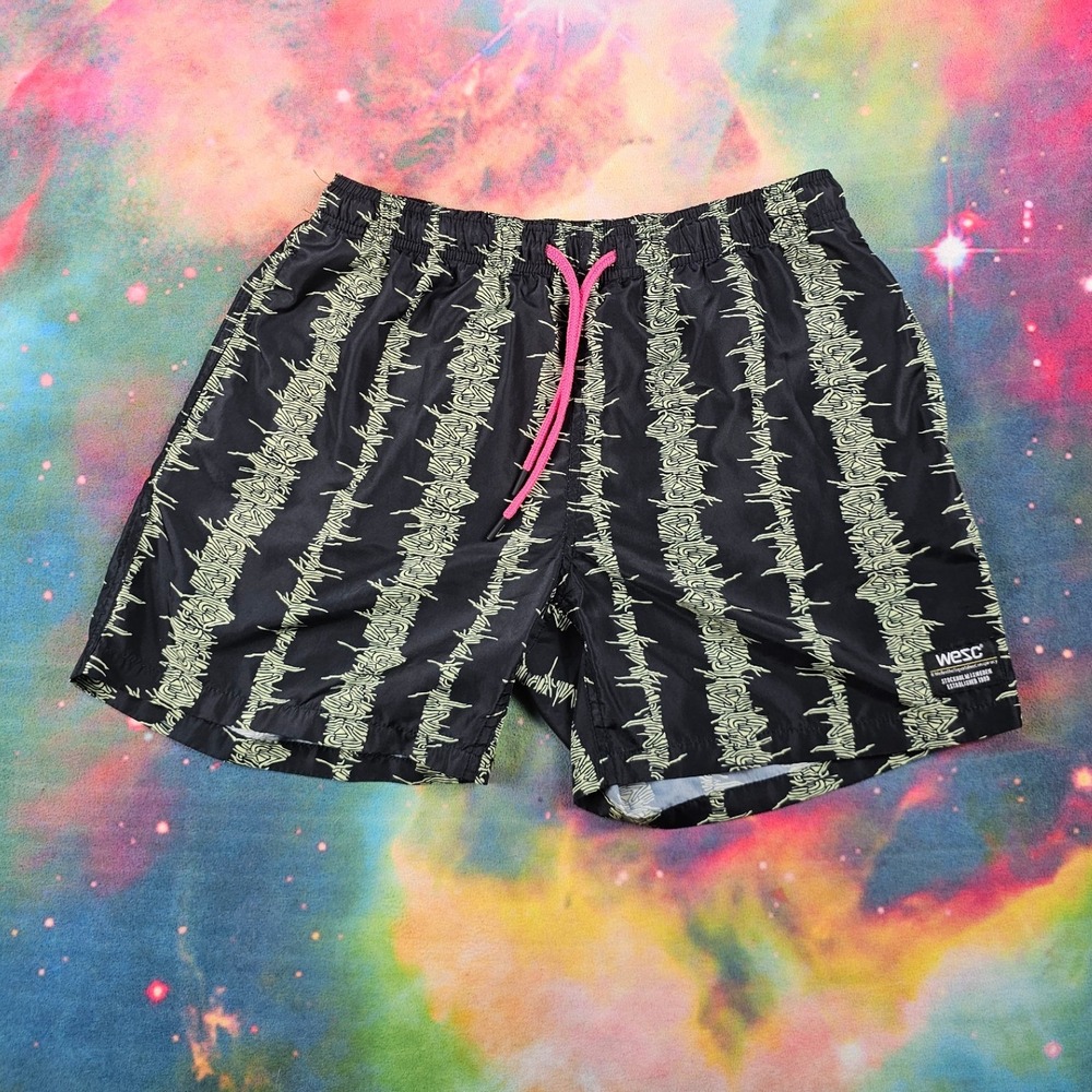 WESC Black‎ Barbed Wire Print Swim Workout Shorts Pink Drawstring
